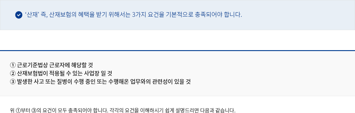 ‘산재’ 즉, < 산재보험 > 이라는 제도는 많은 분들께 익숙하지만, 산재보험의 혜택을 받기 위해서는 3가지 요건을 기본적으로 충족되어야 합니다.